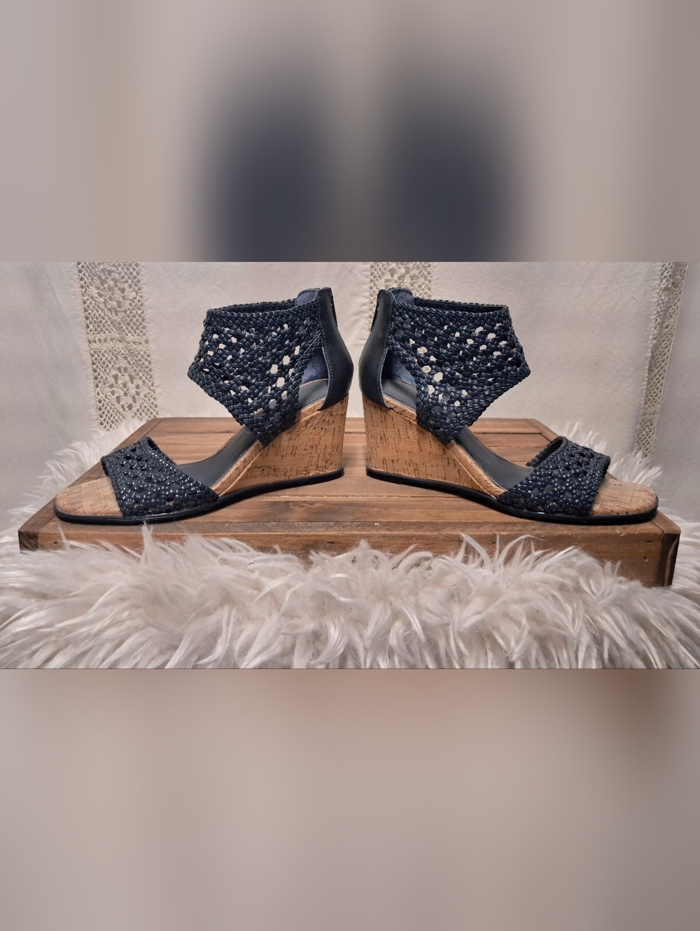 Donald J. Pliner Navy Woven Cork Wedge Sandals Size 7.5
